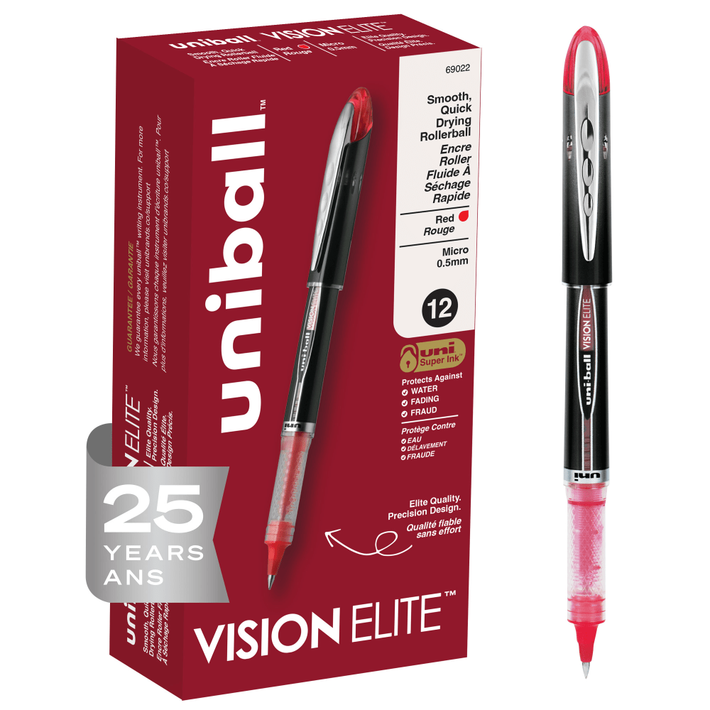 uni-ball Vision Elite Liquid Ink Rollerball Pens, Micro Point, 0.5 mm, Black Barrel, Red Ink, Pack Of 12
