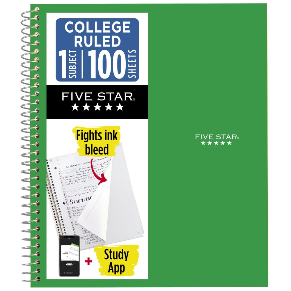 Five Star Spiral Notebook Plus Study App, 1 Subject, College Ruled, 8 1/2in x 11in, Retro Green