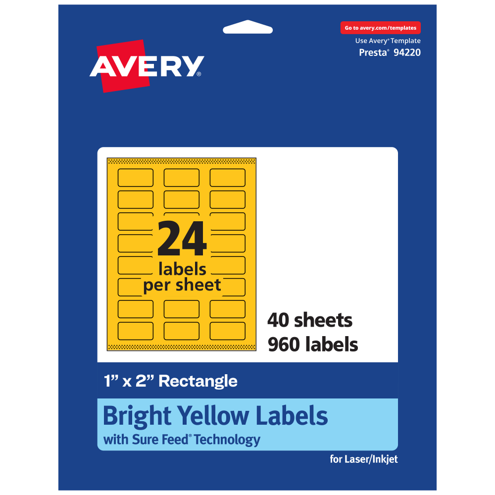 Avery Print-To-The-Edge Labels With Sure Feed Technology And Easy Peel, 94220-BYP40, Rectangle, 1in x 2in, Matte Bright Yellow, Pack of 960