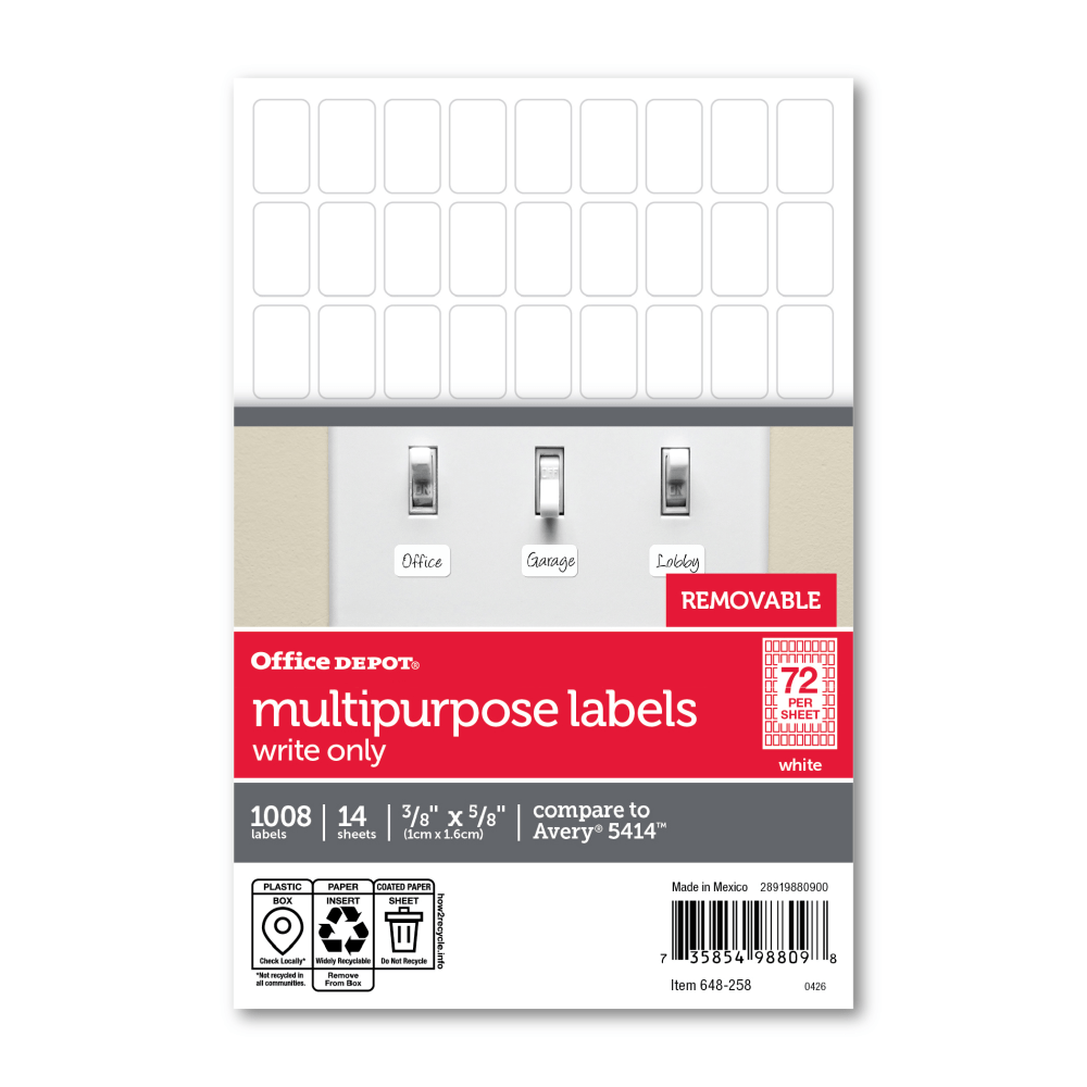 Office Depot Brand Removable Writable Labels, OD98809, Rectangle, 3/8in x 5/8in, White, Pack Of 1,008