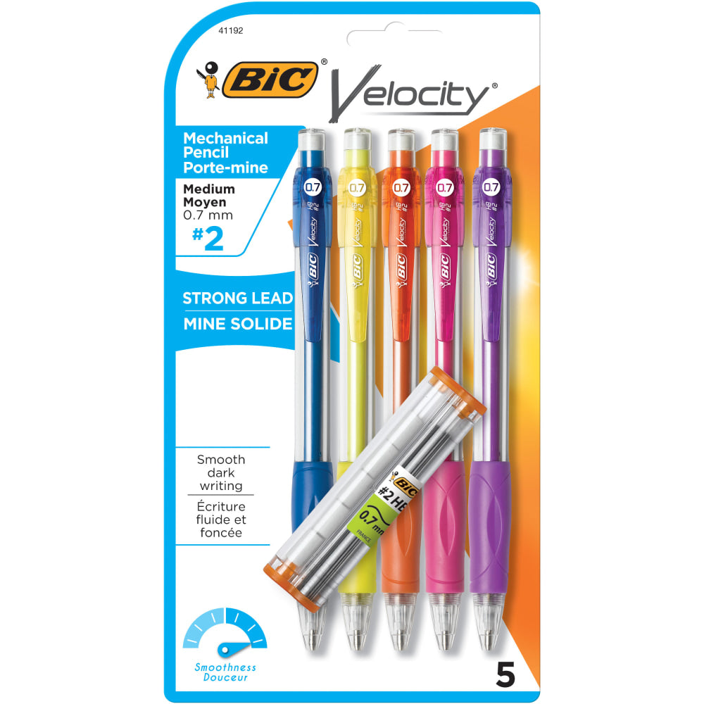 BIC Velocity Original Mechanical Pencils, 0.7 mm, Assorted Barrel Colors, Pack Of 5