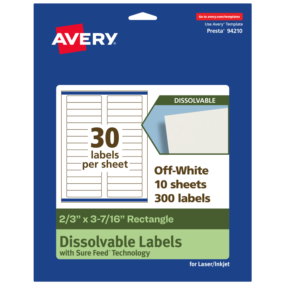 Avery Dissolvable Labels With Sure Feed Technology, 94210-DWMP10, Rectangle, 2/3inx3-7/16in, Matte Off-White, Pack Of 300