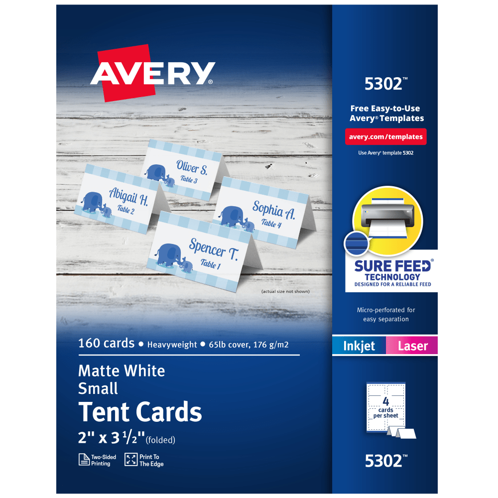Avery Printable Tent Cards With Sure Feed Technology, 2in x 3 1/2in, White, Pack Of 160 Cards