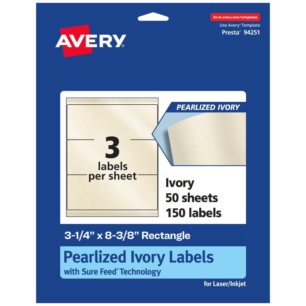 Avery Pearlized Permanent Labels With Sure Feed, 94251-PIP50, Rectangle, 3-1/4in x 8-3/8in, Ivory, Pack Of 150 Labels