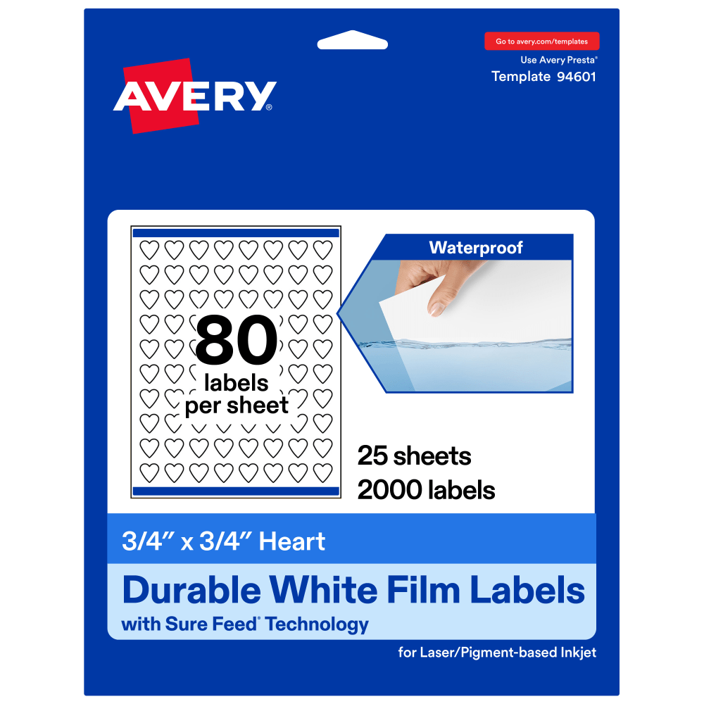Avery Waterproof Permanent Labels With Sure Feed, 94601-WMF25, Heart, 3/4in x 3/4in, White, Pack Of 2,000