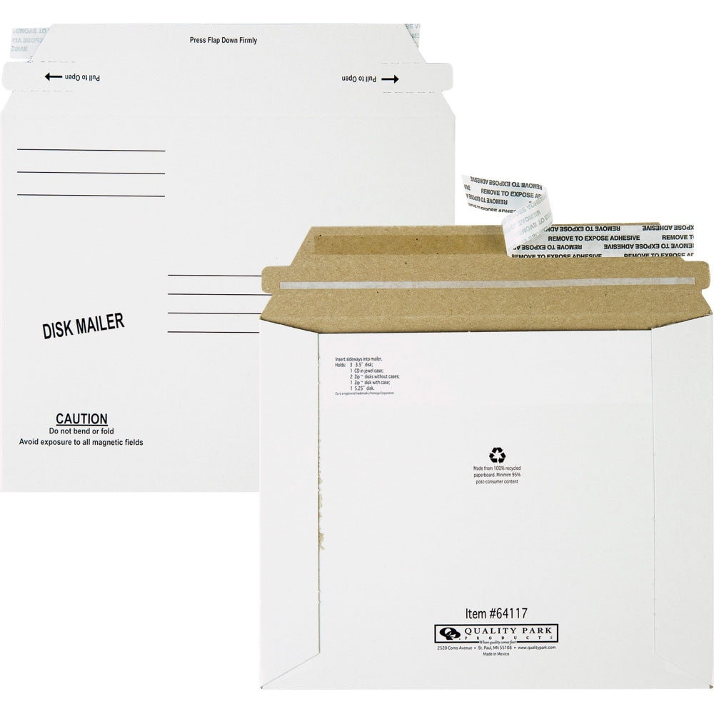 Quality Park Economy Disk/CD Mailers - Disc/Diskette - 7 1/2in Width x 6 1/8in Length - Self-sealing - Paperboard - 100 / Carton - White
