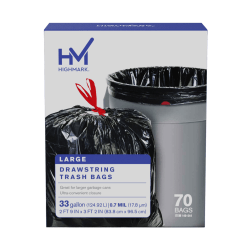 Highmark Large Drawstring Trash Bags, 0.7 mil, 33 Gallon, Black, Box Of 70 Bags
