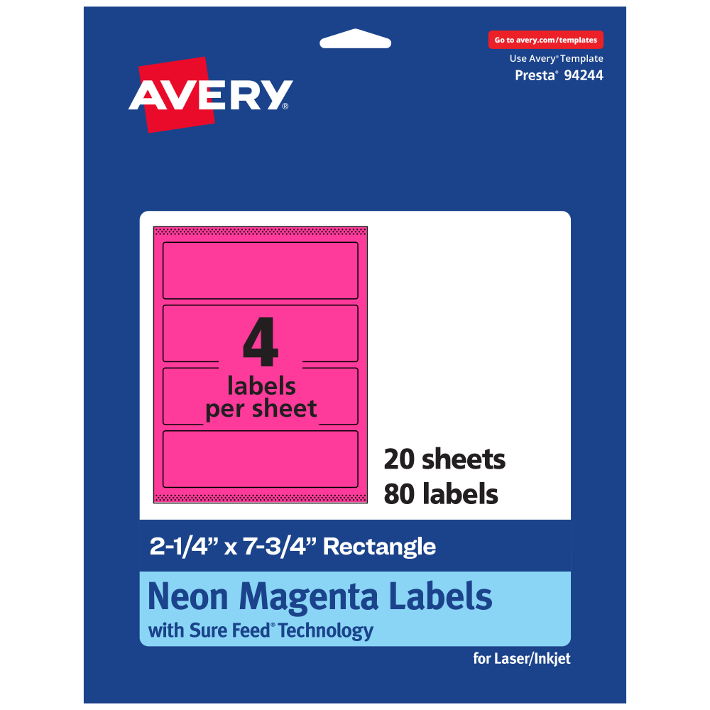 Avery Print-To-The-Edge Labels With Sure Feed Technology, 94244-NMP20, Rectangle, 2-1/4in x 7-3/4in, Matte Neon Magenta, Pack of 80