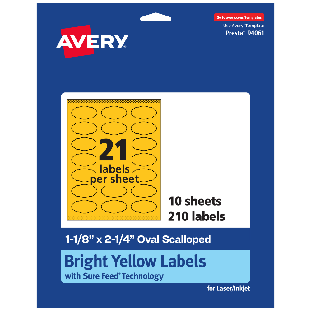 Avery Print-To-The-Edge Labels With Sure Feed Technology And Easy Peel Label Feature, 94061-BYP10, Oval Scalloped, Matte Bright Yellow, Pack of 210
