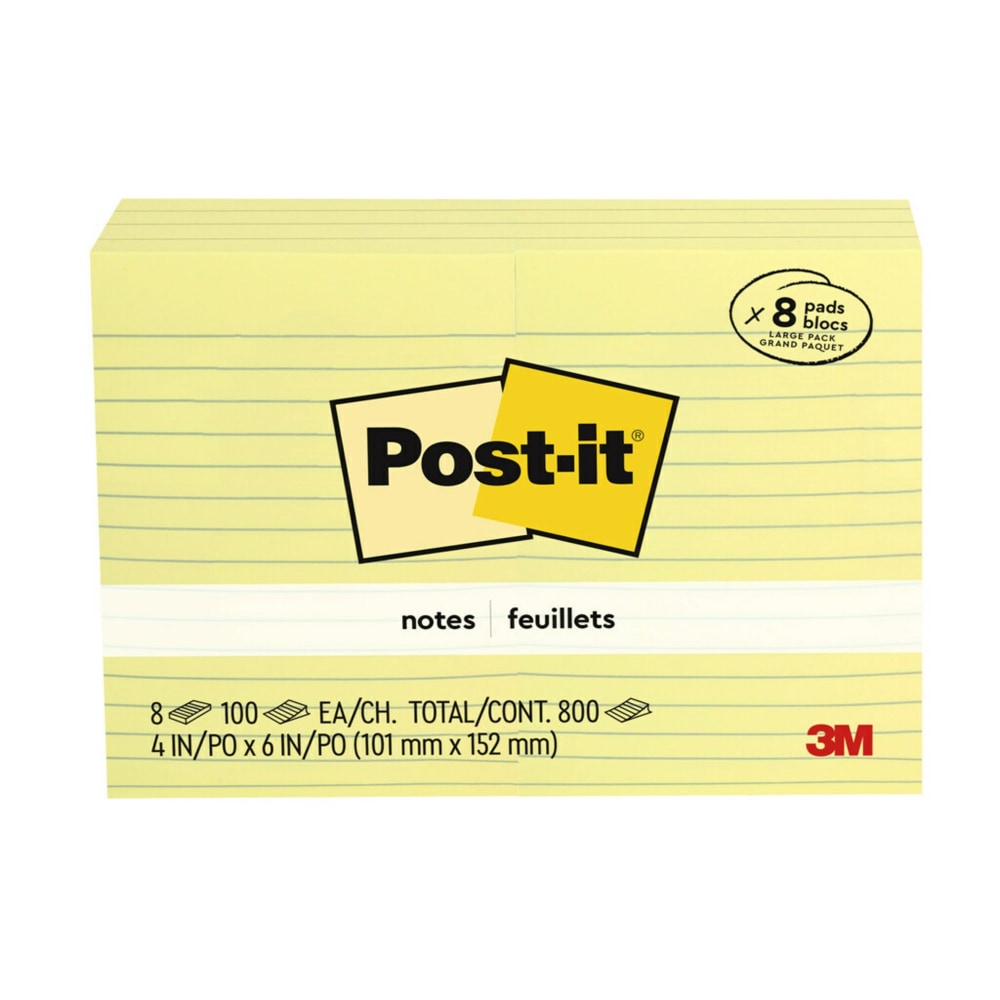 Post-it Notes, 4 x 6 in, 8 Lined Sticky Note Pads, 100 Sheets/Pad, Clean Removal, Back to School Supplies and Office Supplies, Canary Yellow