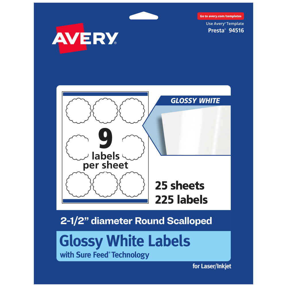 Avery Glossy Permanent Labels With Sure Feed, 94516-WGP25, Round Scalloped, 2-1/2in Diameter, White, Pack Of 225