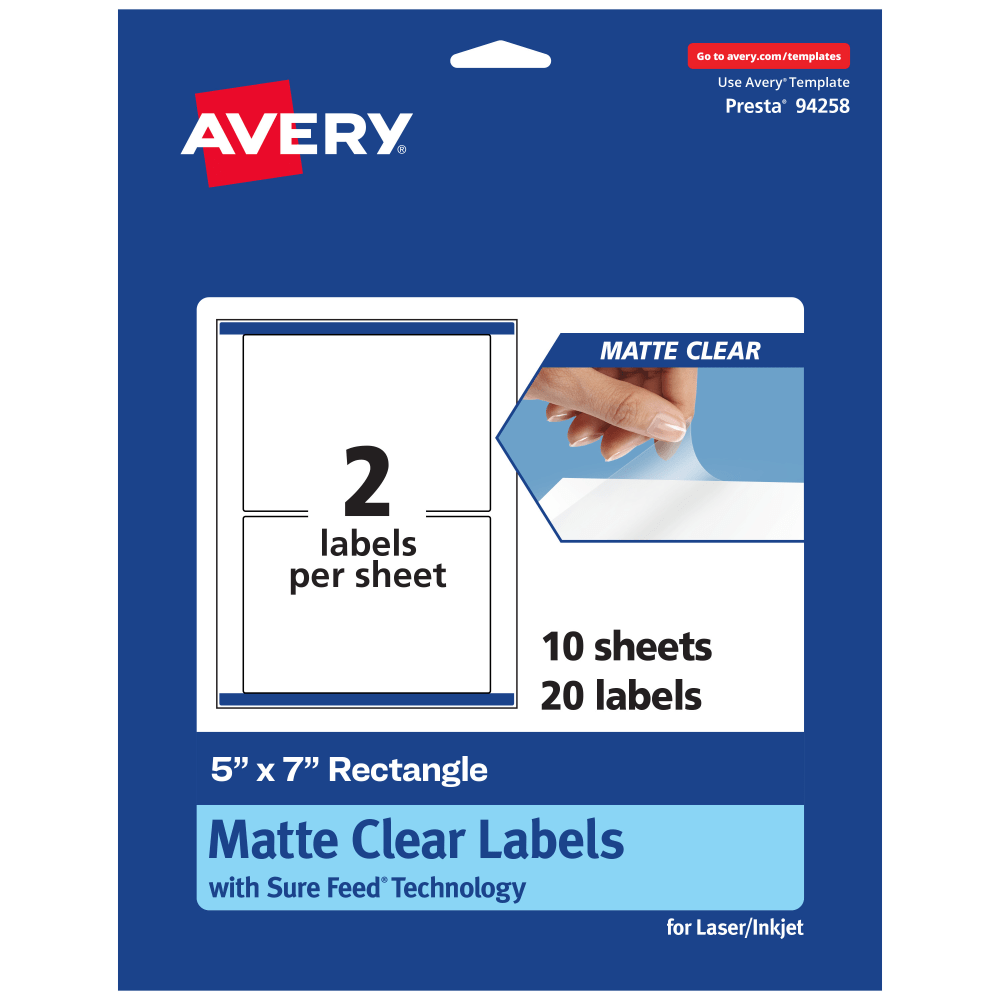 Avery Permanent Labels With Sure Feed, 94258-CMF10, Rectangle, 5in x 7in, Matte Clear, Pack Of 20
