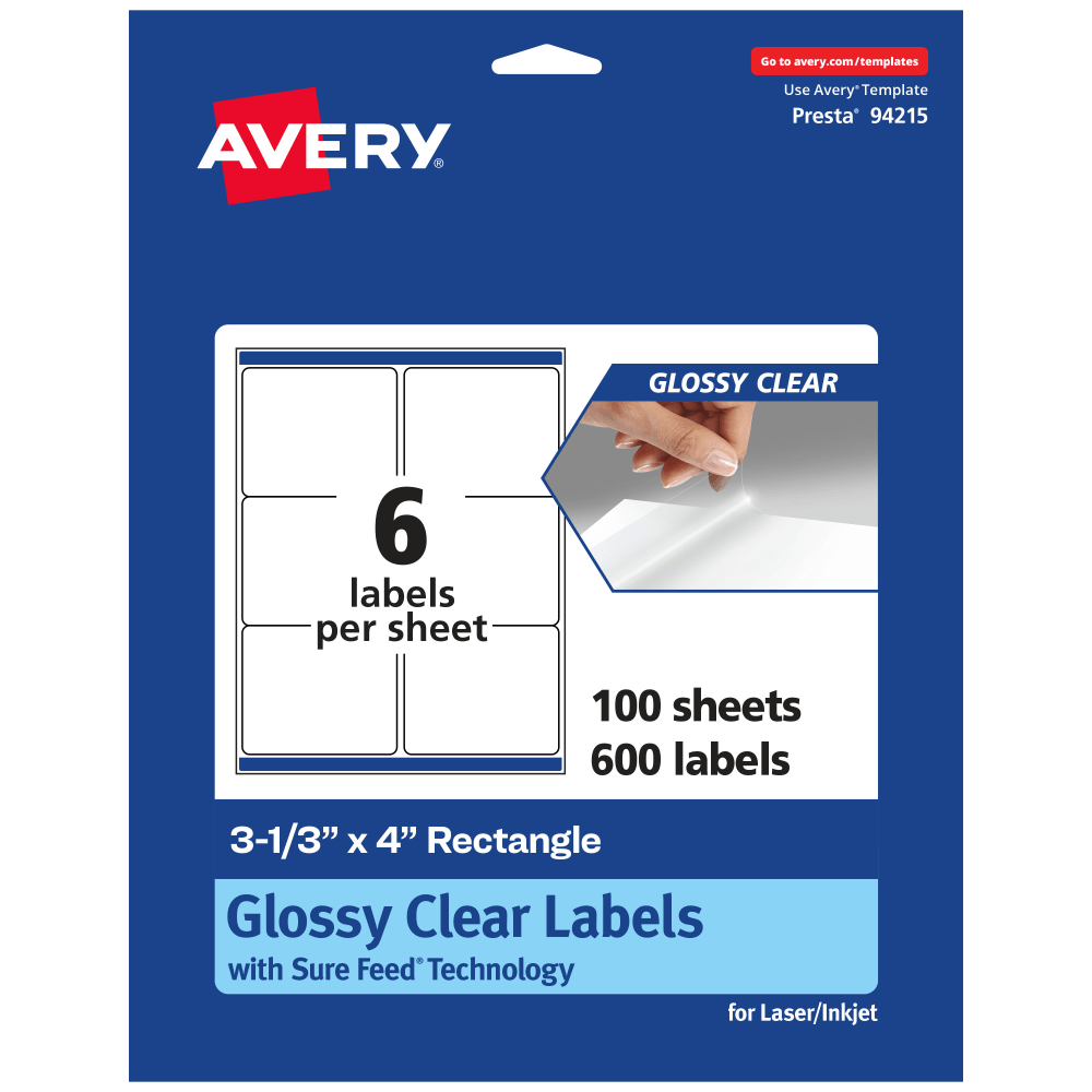 Avery Glossy Permanent Labels With Sure Feed, 94215-CGF100, Rectangle, 3-1/3in x 4in, Clear, Pack Of 600