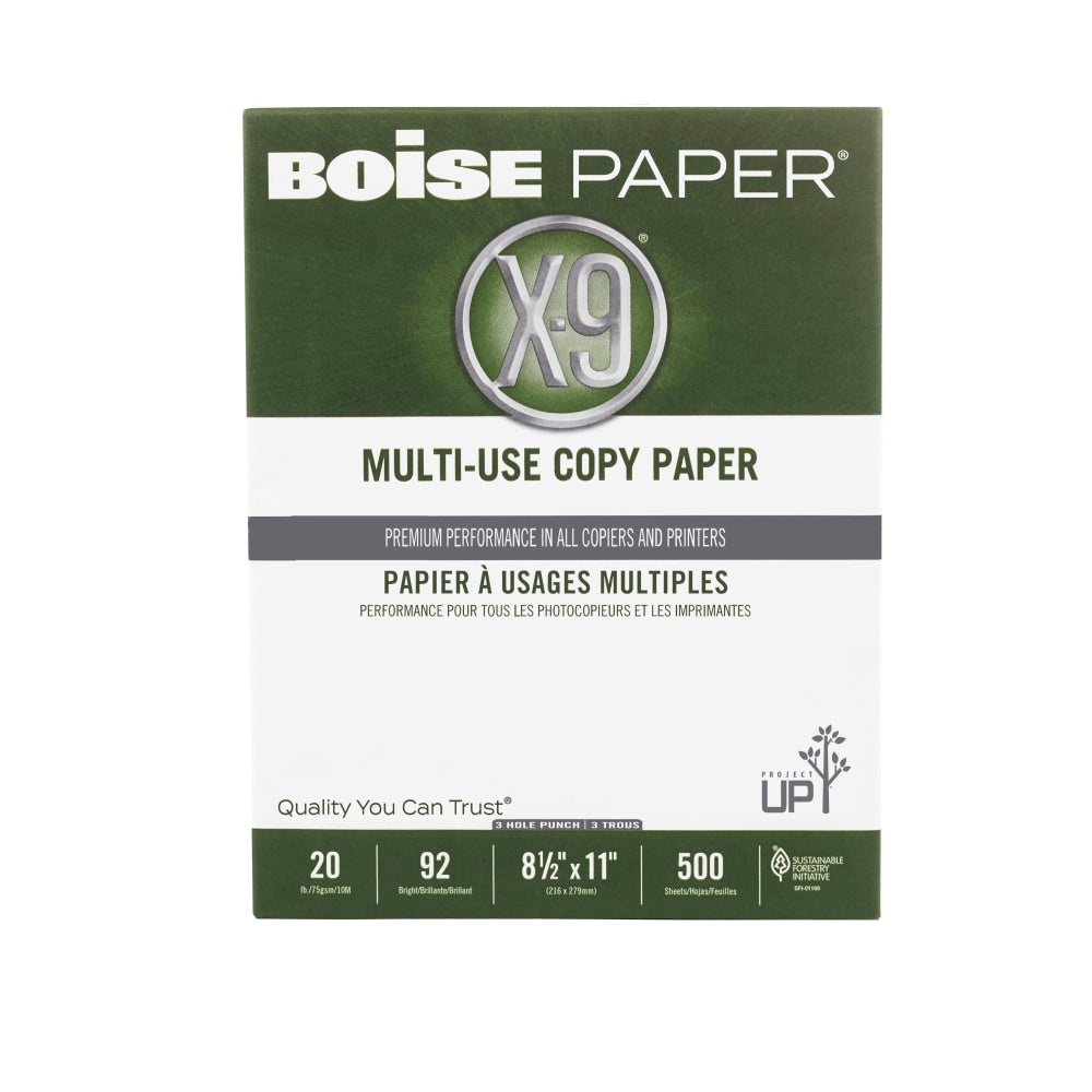 Boise X-9 3-Hole Punched Multi-Use Printer & Copy Paper, 1 Ream, White, Letter (8.5in x 11in), 500 Sheets Per Ream, 20 Lb, 92 Brightness