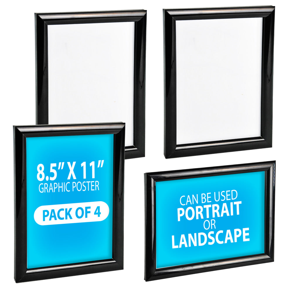 Azar Displays Wall Mount Plastic Snap Poster Vertical/Horizontal Sign Holders, 11inH x 8-1/2inW x 3/4inD, Black, Pack Of 4 Holders