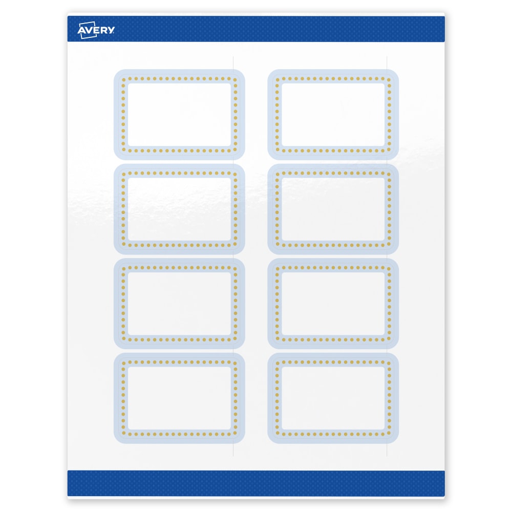 Avery Print-To-The-Edge Labels & Sure Feed, S00-DMB-PRWGP10, 2inx3in, Glossy White, Preprinted Blue Border & Gold Dots Design, Pack Of 80
