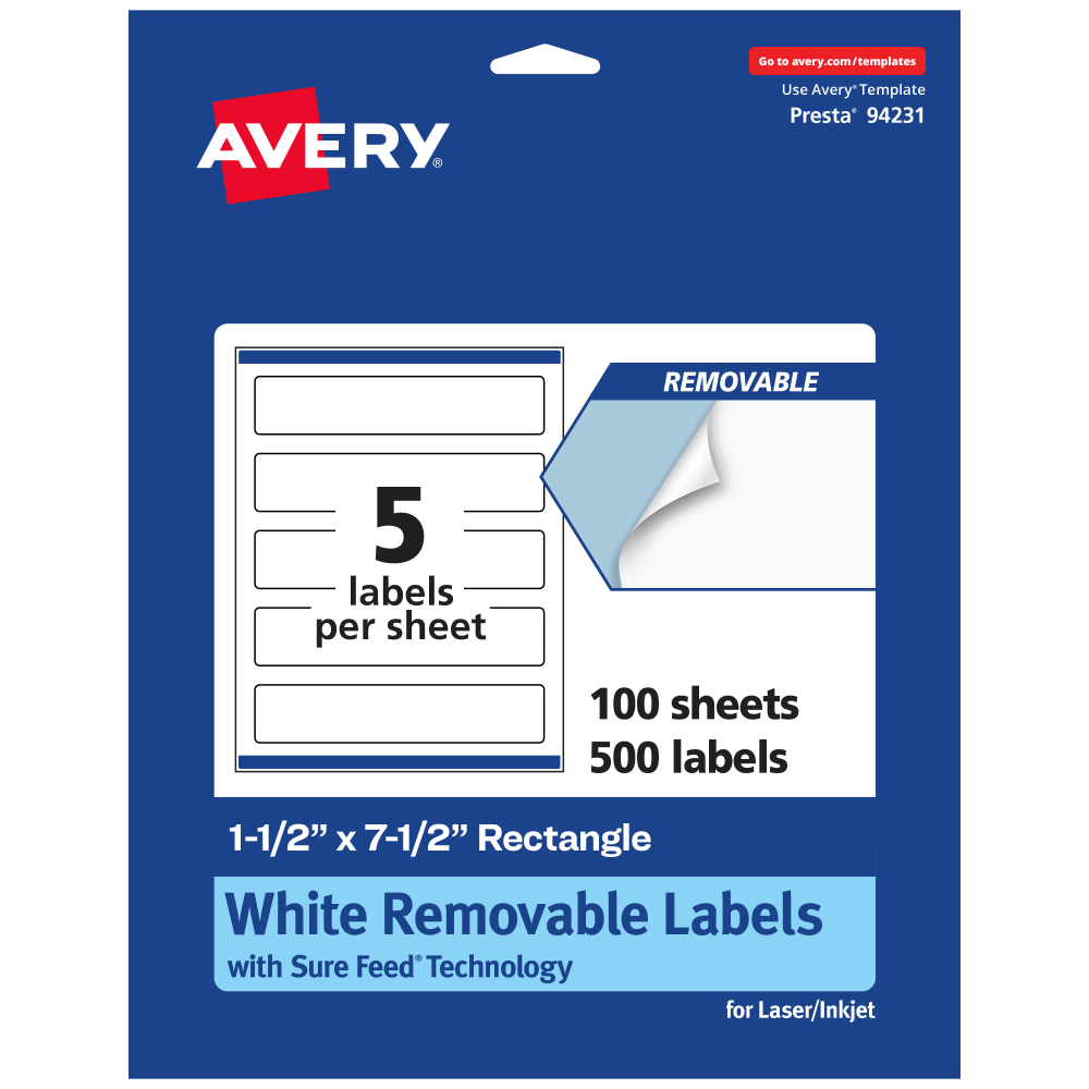 Avery Removable Labels With Sure Feed, 94231-RMP100, Rectangle, 1-1/2in x 7-1/2in, White, Pack Of 500 Labels