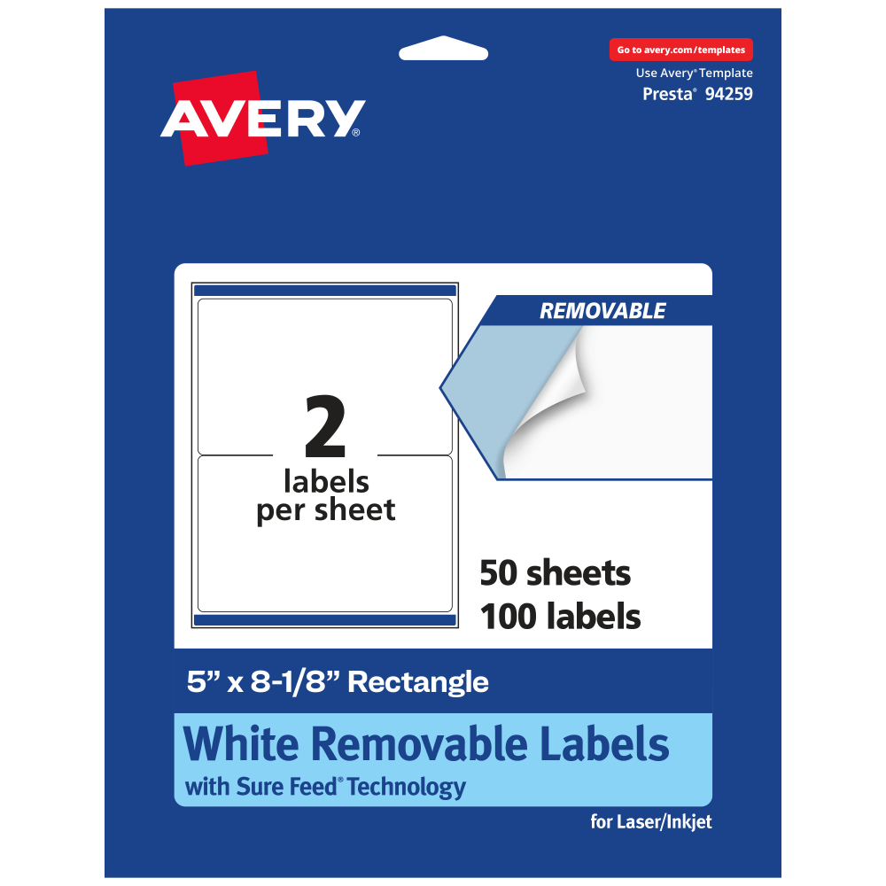 Avery Removable Labels With Sure Feed, 94259-RMP50, Rectangle, 5in x 8-1/8in, White, Pack Of 100 Labels