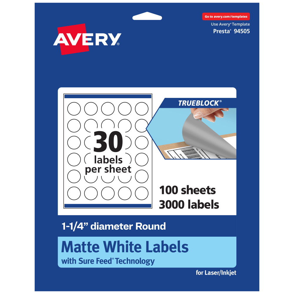Avery Print-To-The-Edge TrueBlock Labels With Sure Feed, 94505-TWMP100, Round, 1-1/4in, Matte White, Pack Of 3000