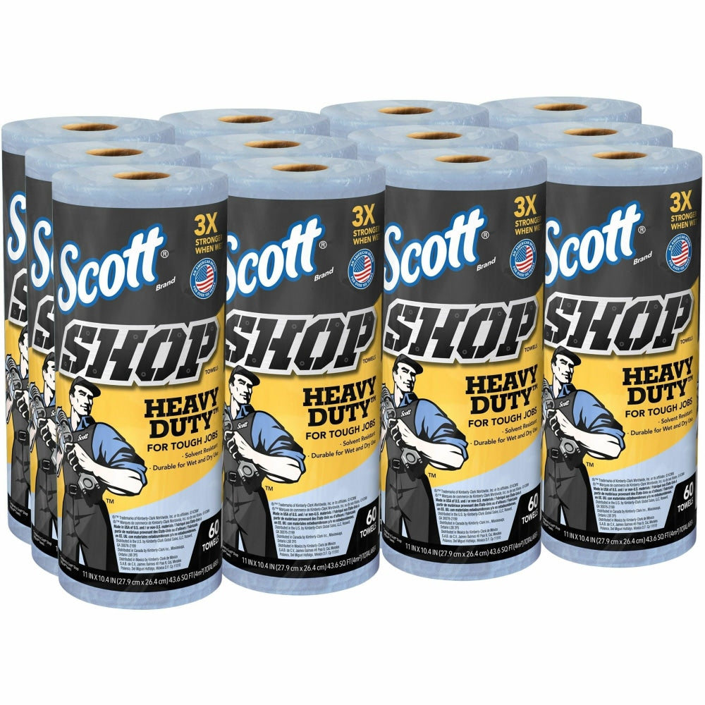 Scott Heavy Duty Shop Towels - 11in Width x 10.40in Length - 60 Sheets/Roll - Blue - Hydroknit - 12/Carton