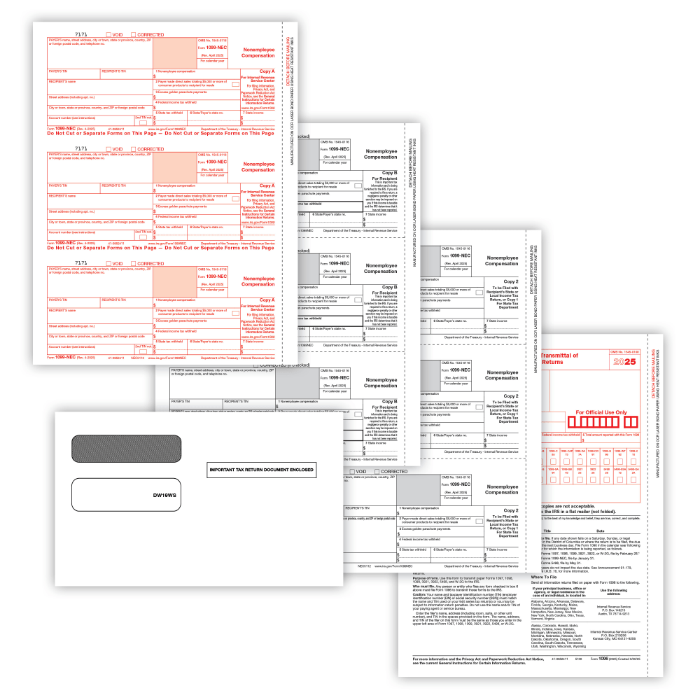 ComplyRight 1099-NEC Tax Forms Set, 3-Part, 3-Up, Copies A/B/C, 8-1/2in x 11in, with Envelopes, Pack Of 15