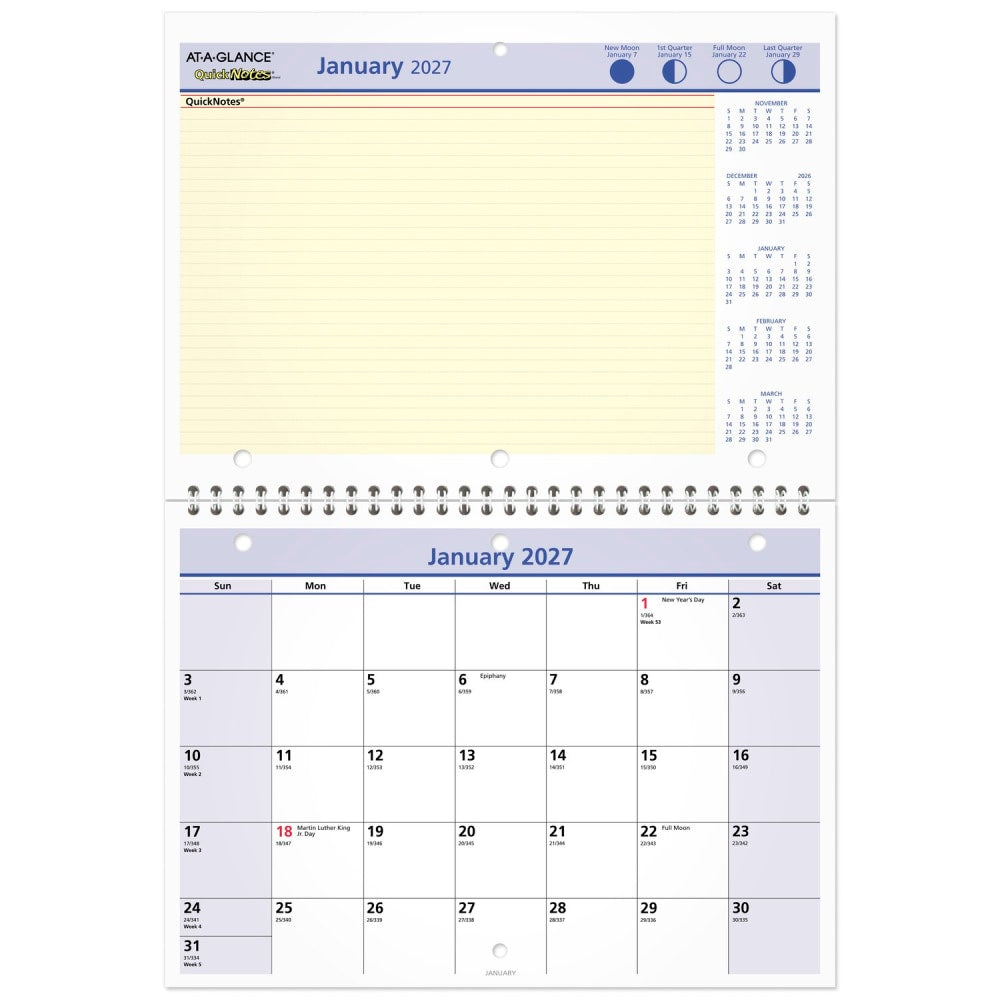 AT-A-GLANCE QuickNotes 2027 Monthly Desk Wall Calendar, Small, 11in x 8in