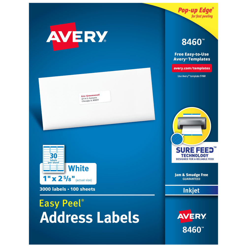 Avery Easy Peel Address Labels With Sure Feed Technology, 8460, Rectangle, 1in x 2-5/8in, Matte White, Box Of 3,000