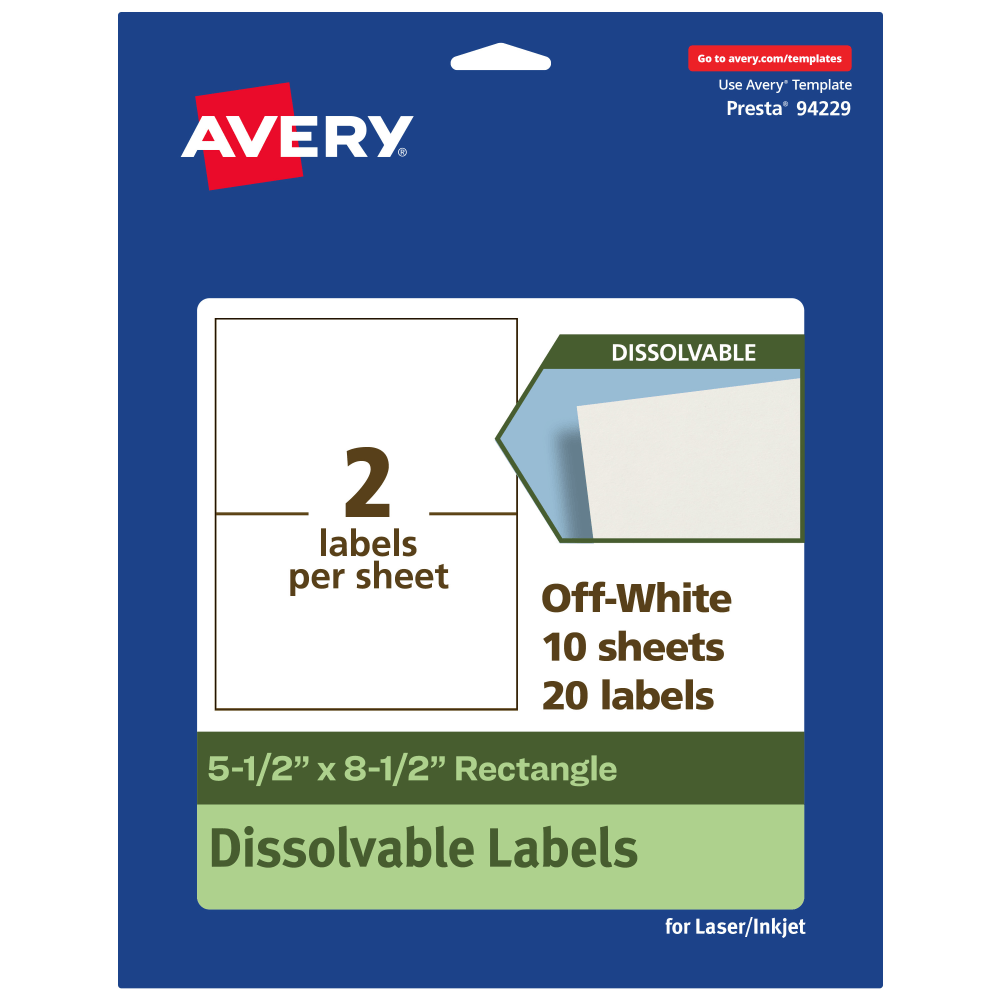 Avery Dissolvable Labels, 94229-DWMP10, Rectangle, 5-1/2inx8-1/2in, Matte Off-White, Pack Of 20