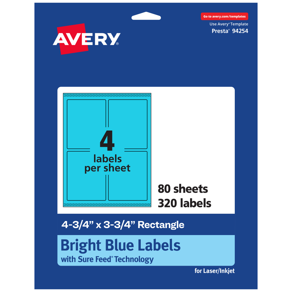 Avery Print-To-The-Edge Labels With Sure Feed Technology And Easy Peel, 94254-BBP80, Rectangle, 4-3/4in x 3-3/4in, Matte Bright Blue, Pack of 320