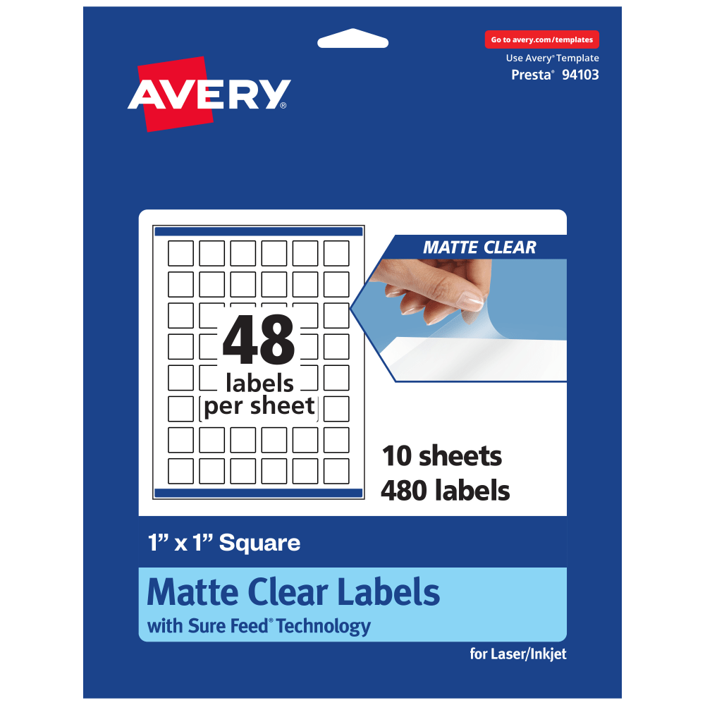 Avery Permanent Labels With Sure Feed, 94103-CMF10, Square, 1in x 1in, Matte Clear, Pack Of 480