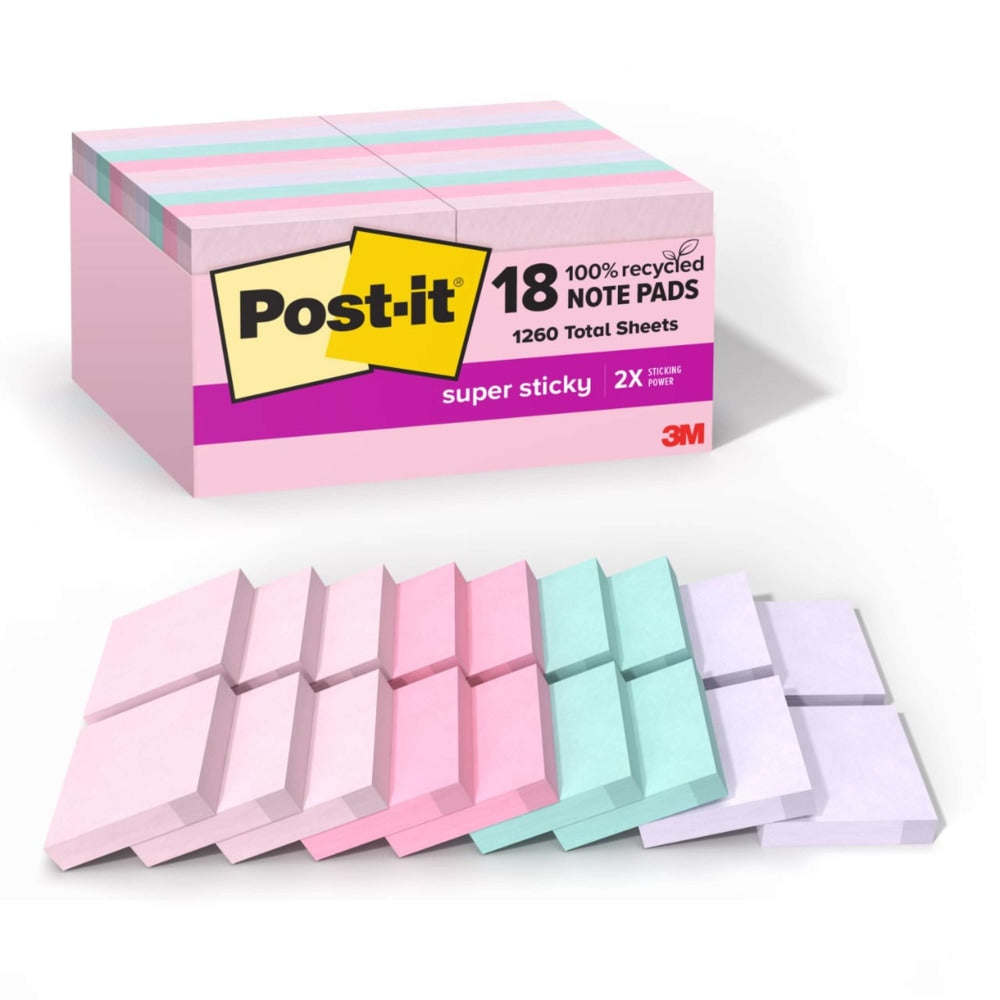 Post-it Super Sticky 100% Recycled Paper Notes, 1 7/8 x 1 7/8 in, 18 Sticky Note Pads, 70 Sheets/Pad, School and Office Supplies, Wanderlust Pastels