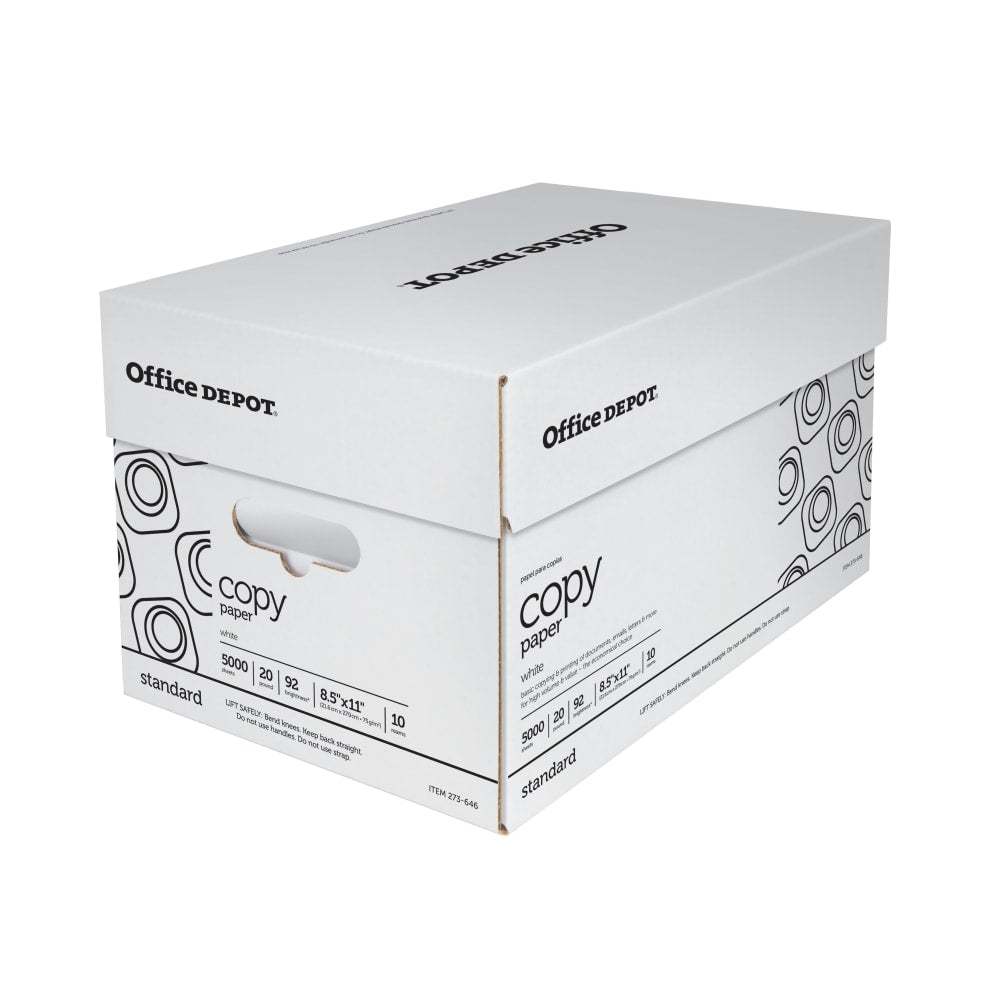 Office Depot Copy Paper, 10 Reams, White, Letter (8.5in x 11in), 5000 Sheets Per Case, 20 Lb, 92 Brightness