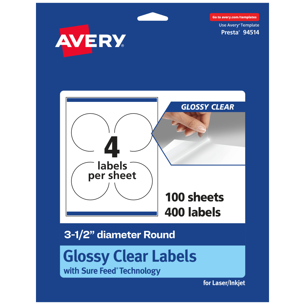 Avery Glossy Permanent Labels With Sure Feed, 94514-CGF100, Round, 3-1/2in Diameter, Clear, Pack Of 400