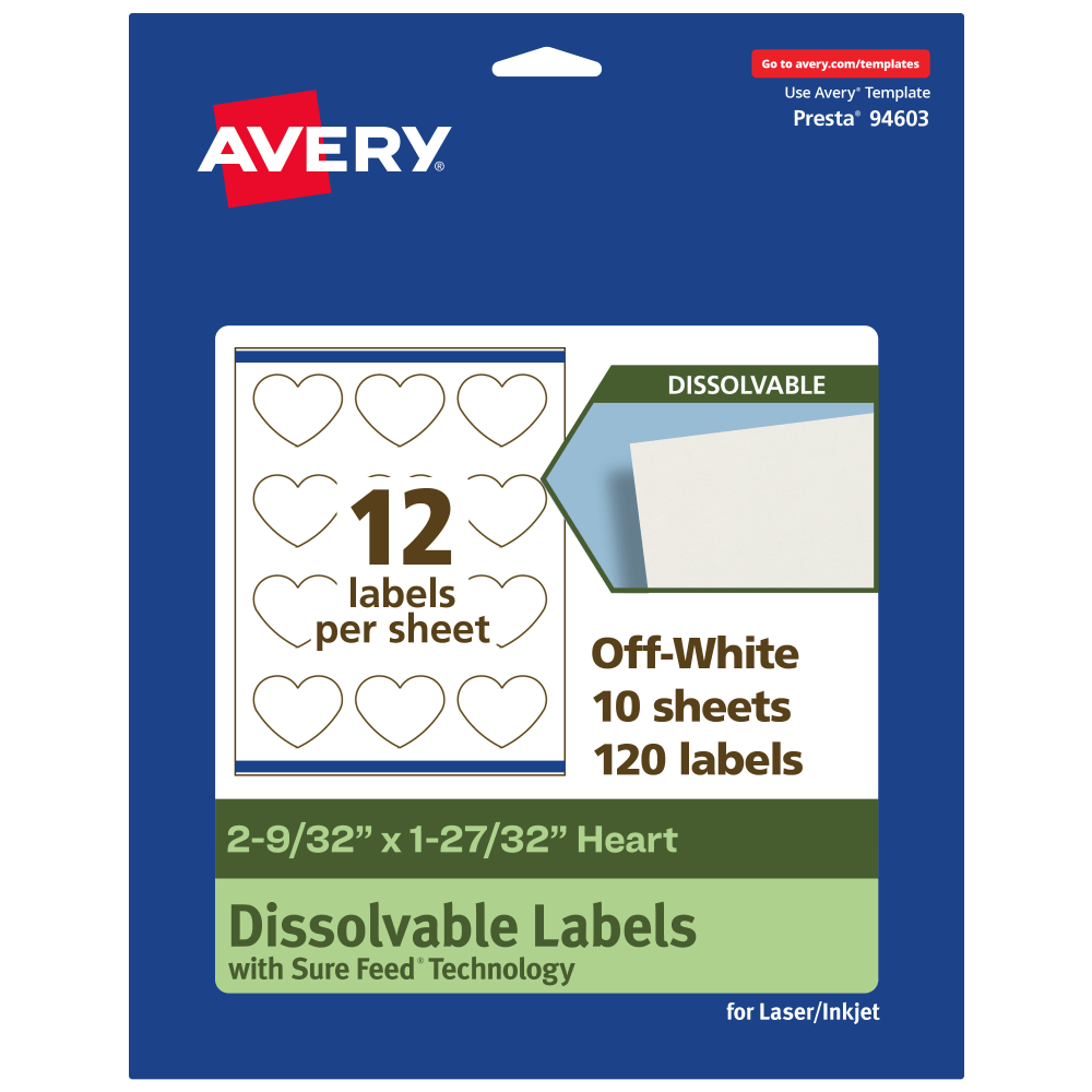 Avery Print-to-the-Edge Dissolvable Labels With Sure Feed Technology, 94603-DWMP10, Heart, 2-9/32inx1-27/32in, Matte Off-White, Pack Of 120
