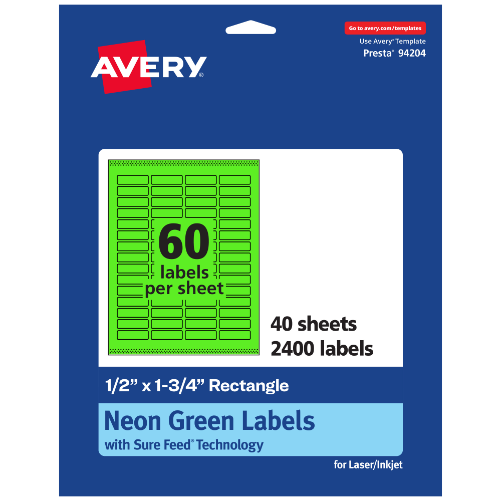 Avery Print-To-The-Edge Labels With Sure Feed Technology And Easy Peel, 94204-NGP40, Rectangle, 1/2in x 1-3/4in, Matte Neon Green, Pack of 2400