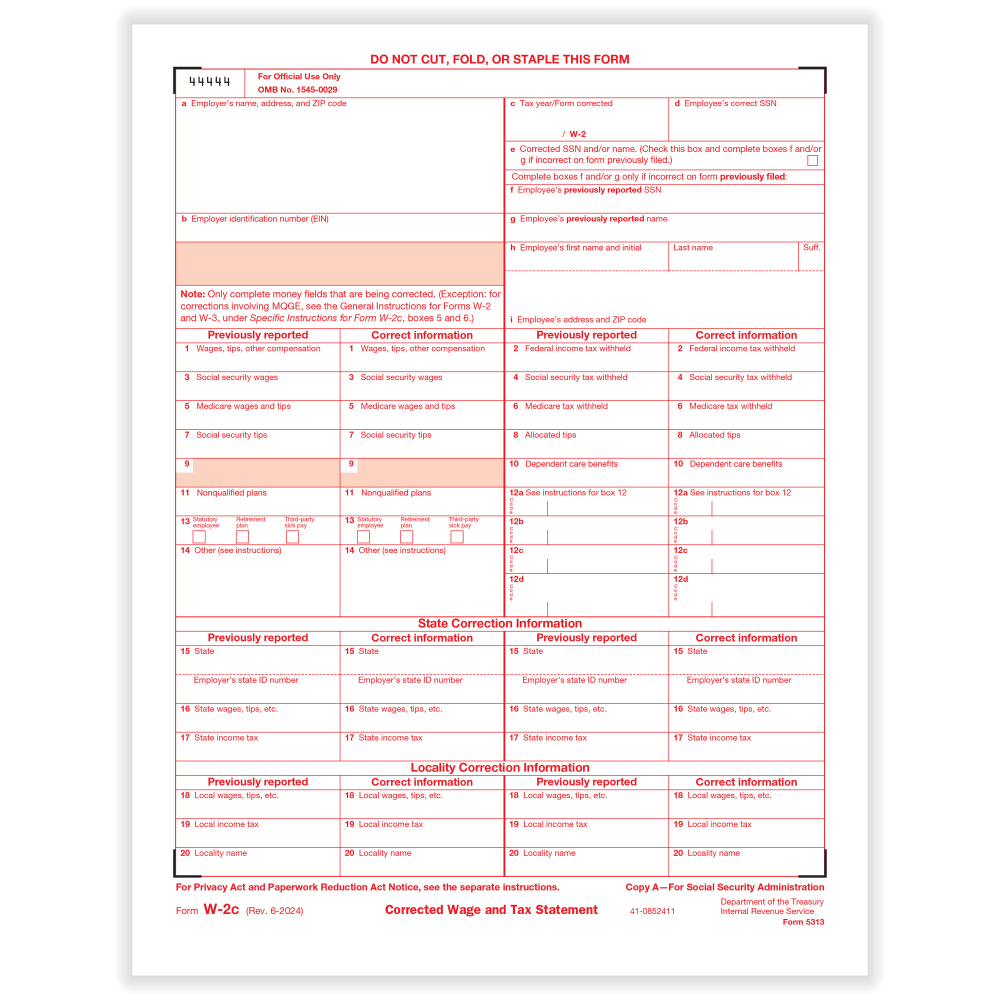 ComplyRight W-2C Tax Forms, Federal Copy A, 8-1/2in x 11in, Pack Of 50 Forms