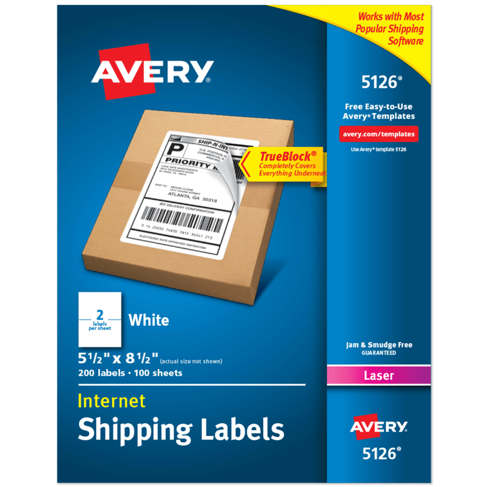 Avery TrueBlock White Laser Shipping Labels, Internet, 5126, 5 1/2in x 8 1/2in, Pack Of 200