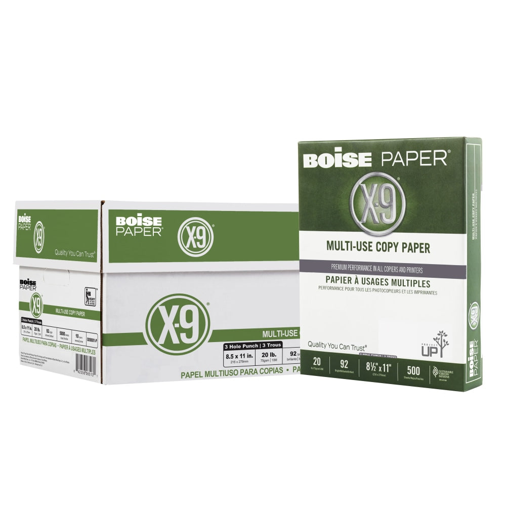 Boise X-9 3-Hole Punched Multi-Use Printer & Copy Paper, 10 Reams, White, Letter (8.5in x 11in), 5000 Sheets Per Case, 20 Lb, 92 Brightness