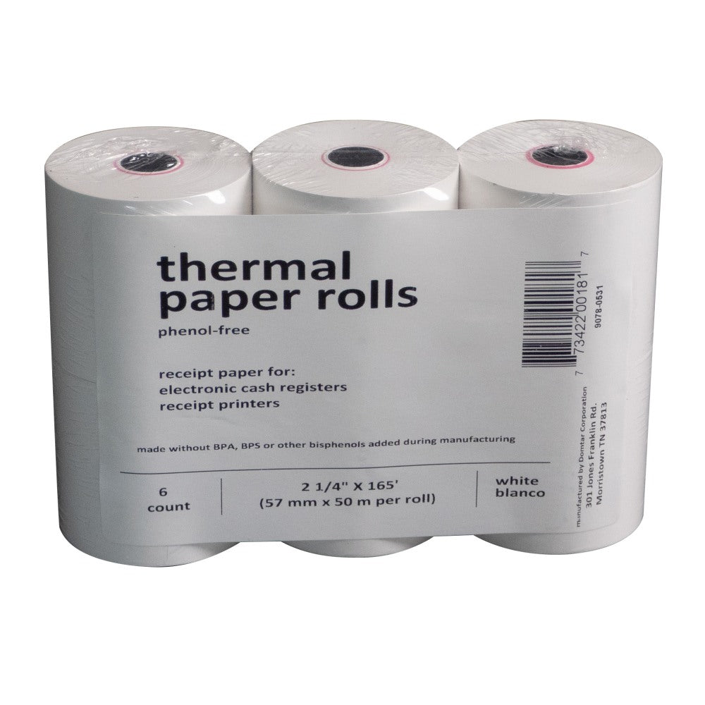 Thermal Receipt Paper Rolls, 2-1/4inx165ft, Phenol-Free, White, 6 Rolls
