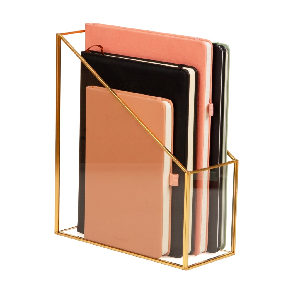 Mind Reader Vertical Glass File Holder, 11inH x 9-1/2inW x 4inD, Clear/Copper, Total Qty 1