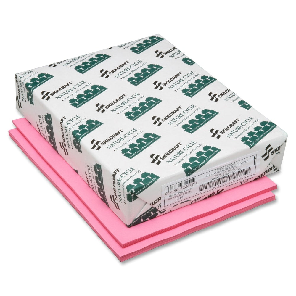 SKILCRAFT Neon Color Copy Paper, Neon Pink, Letter (8.5in x 11in), 500 Sheets Per Ream, 20 Lb, 30% Recycled