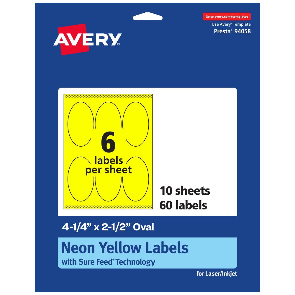 Avery Printable Labels With Sure Feed Technology, 94058-NYP10, Oval, 4-1/4in x 2-1/2in, Matte Neon Yellow, Pack of 60