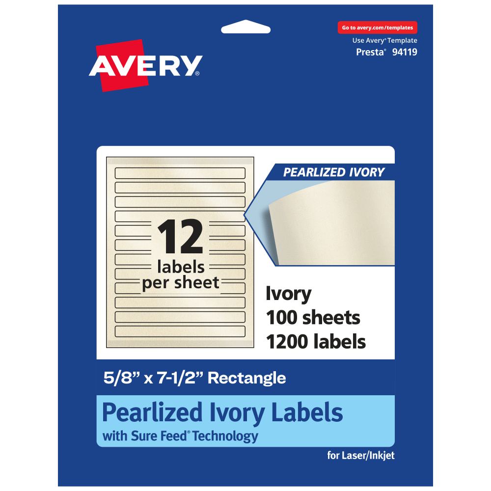 Avery Pearlized Permanent Labels With Sure Feed, 94119-PIP100, Rectangle, 5/8in x 7-1/2in, Ivory, Pack Of 1,200 Labels