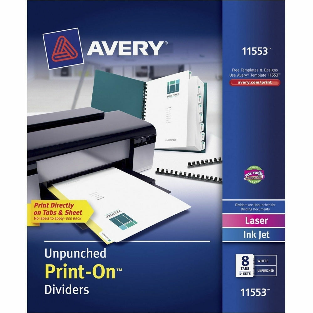 Avery Print-On Dividers, 8 1/2in x 11in, Unpunched, 8-Tab, White Dividers/White Tabs, Pack Of 5 Sets