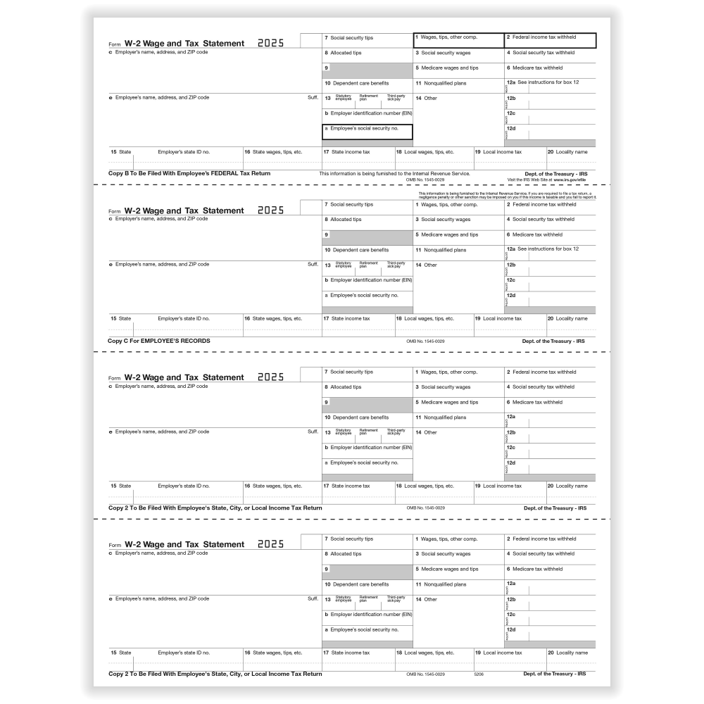 ComplyRight W-2 Tax Forms, Employee's Copies B, C, 2 & 2 Combined, 4-Up (Horizontal Format), 8-1/2in x 11in, Pack Of 500 Forms, 5206B25