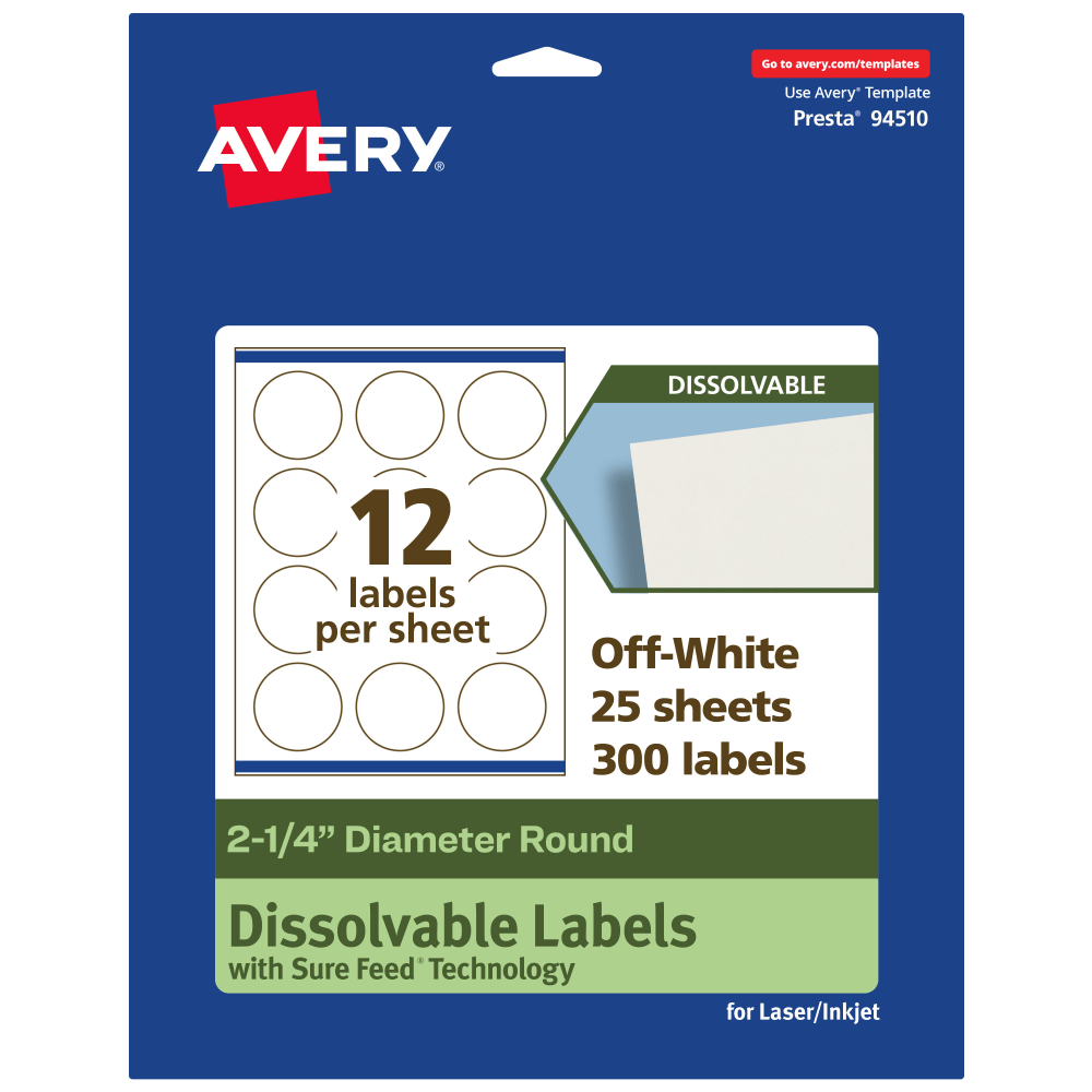 Avery Print-to-the-Edge Dissolvable Labels With Sure Feed Technology, 94510-DWMP25, Round, 2-1/4in, Matte Off-White, Pack Of 300