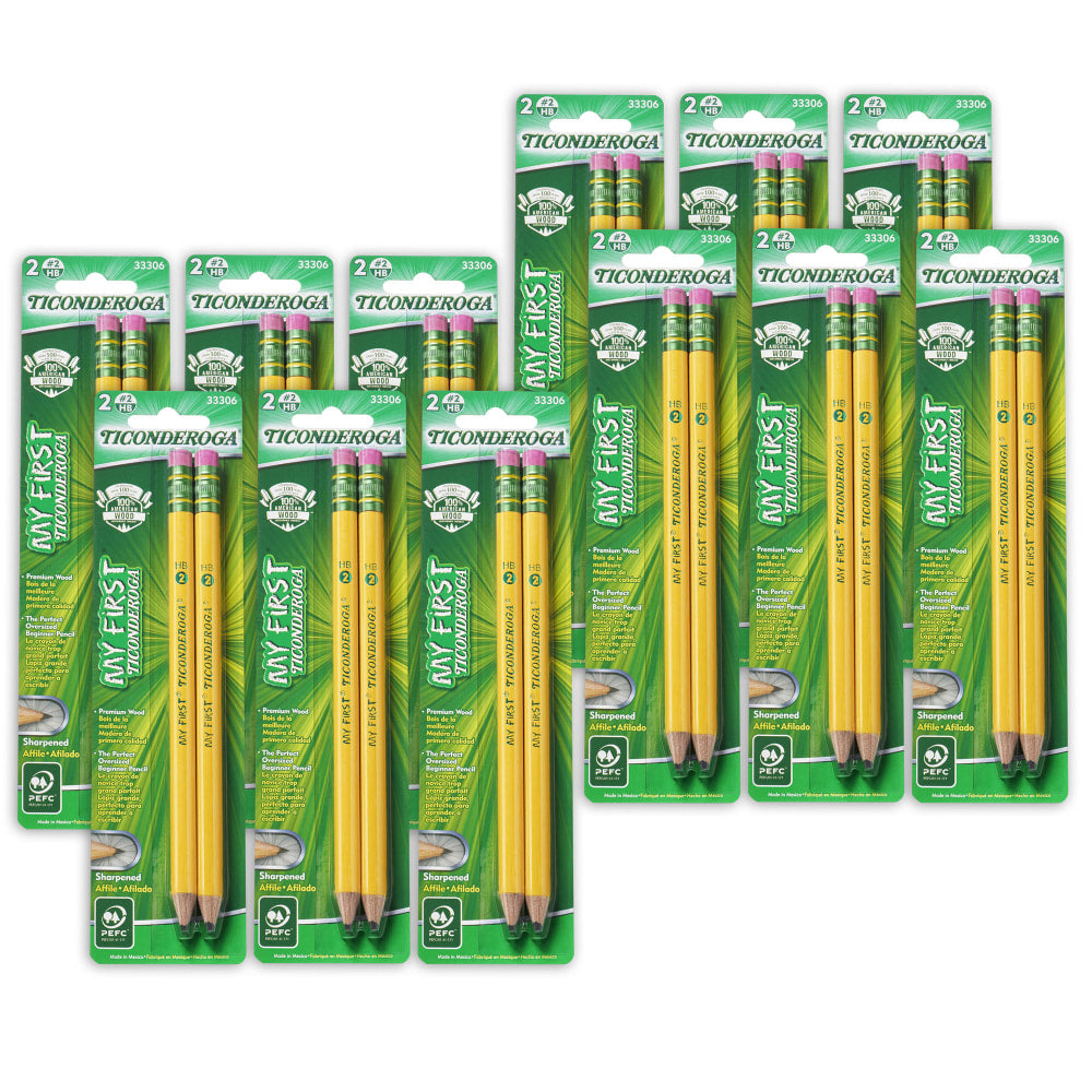 Ticonderoga My First Pencils, Sharpened, No. 2/Soft, Yellow, 2 Pencils Per Pack, Set Of 12 Packs