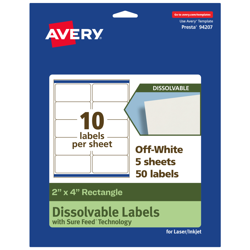Avery Dissolvable Labels With Sure Feed Technology, 94207-DWMP5, Rectangle, 2inx4in, Matte Off-White, Pack Of 50