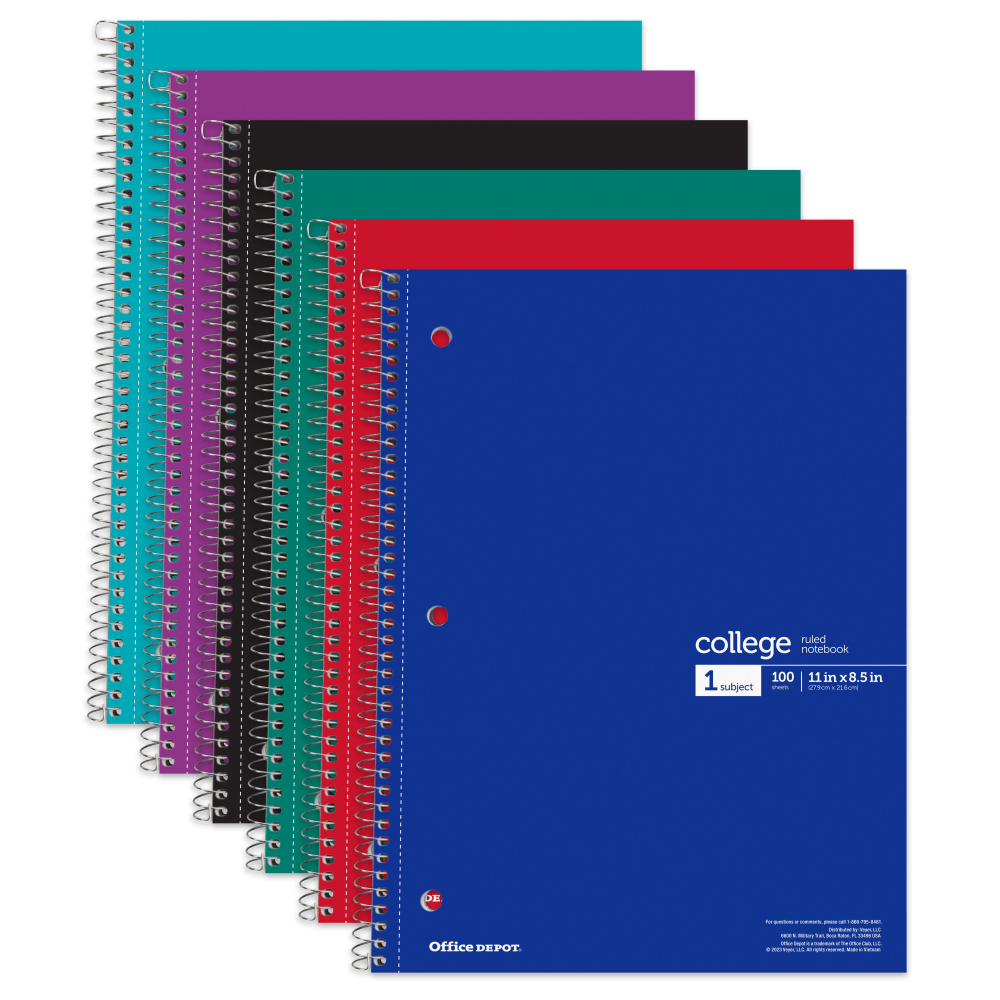 Office Depot Wirebound Notebooks, 8 1/2in x 11in, 1 Subject, College Ruled, 100 Sheets, Assorted Colors, Pack Of 6 Notebooks