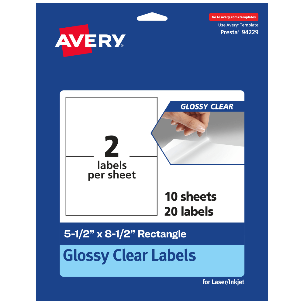 Avery Glossy Permanent Labels, 94229-CGF10, Rectangle, 5-1/2in x 8-1/2in, Clear, Pack Of 20